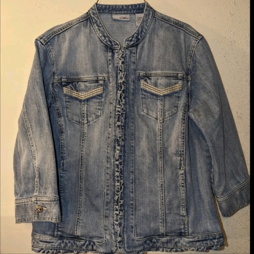 Chico's Platinum Denim Jean Rhinestone Jacket Women's Size 2